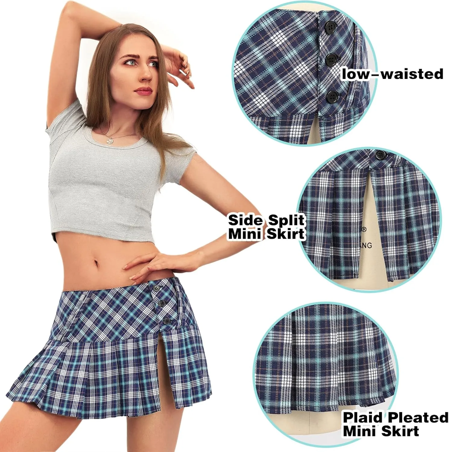 FURPHI Mini Plaid Pleated Skirt Women's US Size Low Waist Slit Schoolgirl Uniform