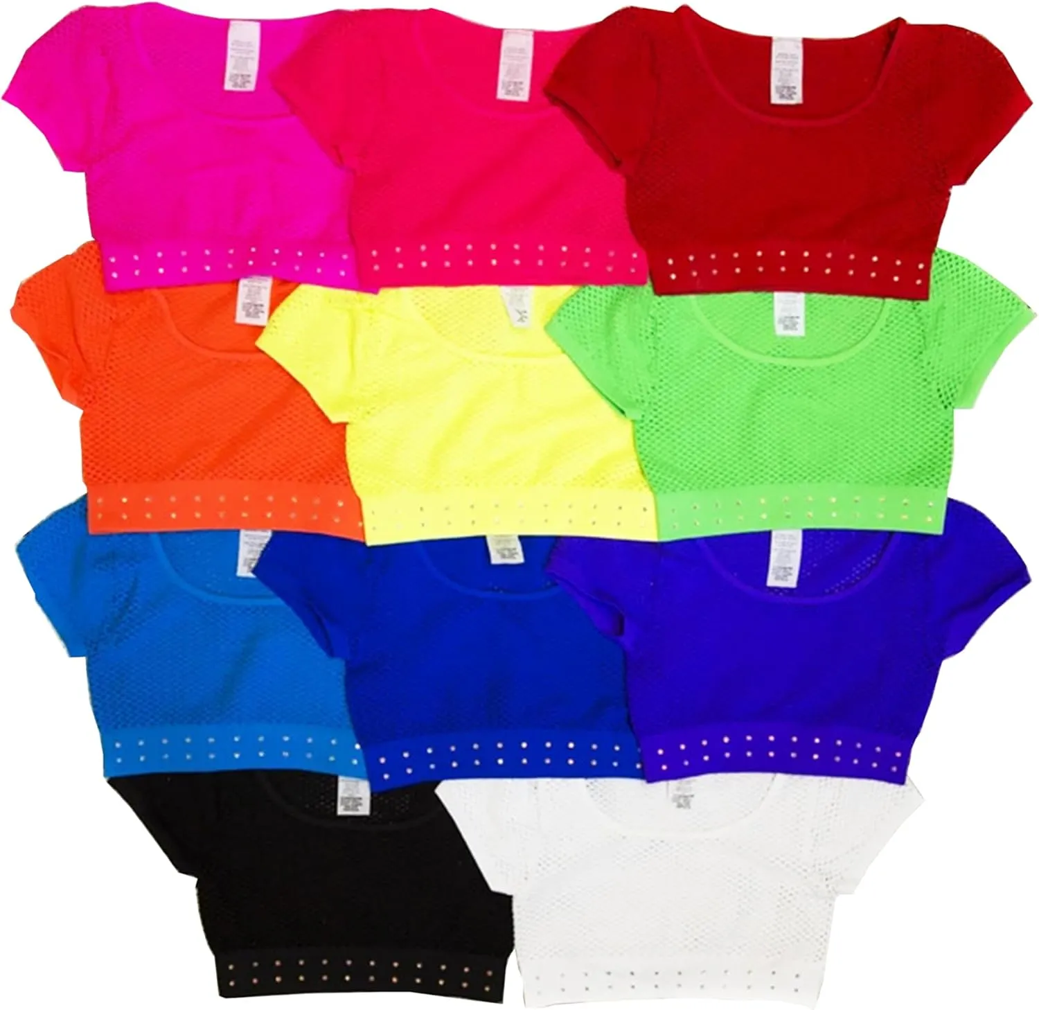 Girls Short Sleeve Mesh Crop Top with Sparkling Rhinestones - Breathable Dance Style Mesh Top for Girls Age 7-14