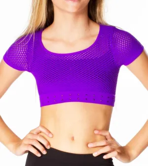 Girls Short Sleeve Mesh Crop Top with Sparkling Rhinestones - Breathable Dance Style Mesh Top for Girls Age 7-14