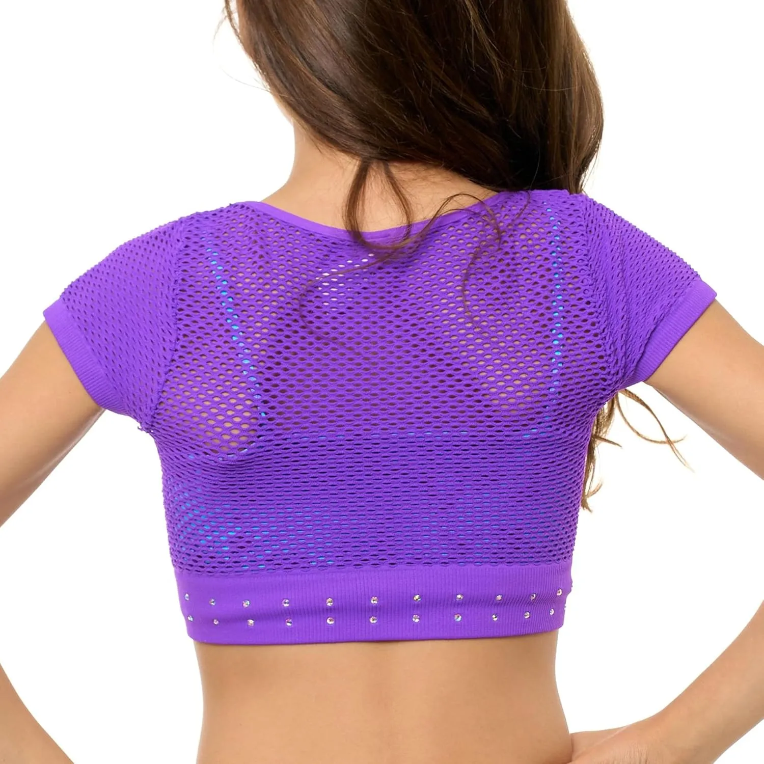 Girls Short Sleeve Mesh Crop Top with Sparkling Rhinestones - Breathable Dance Style Mesh Top for Girls Age 7-14