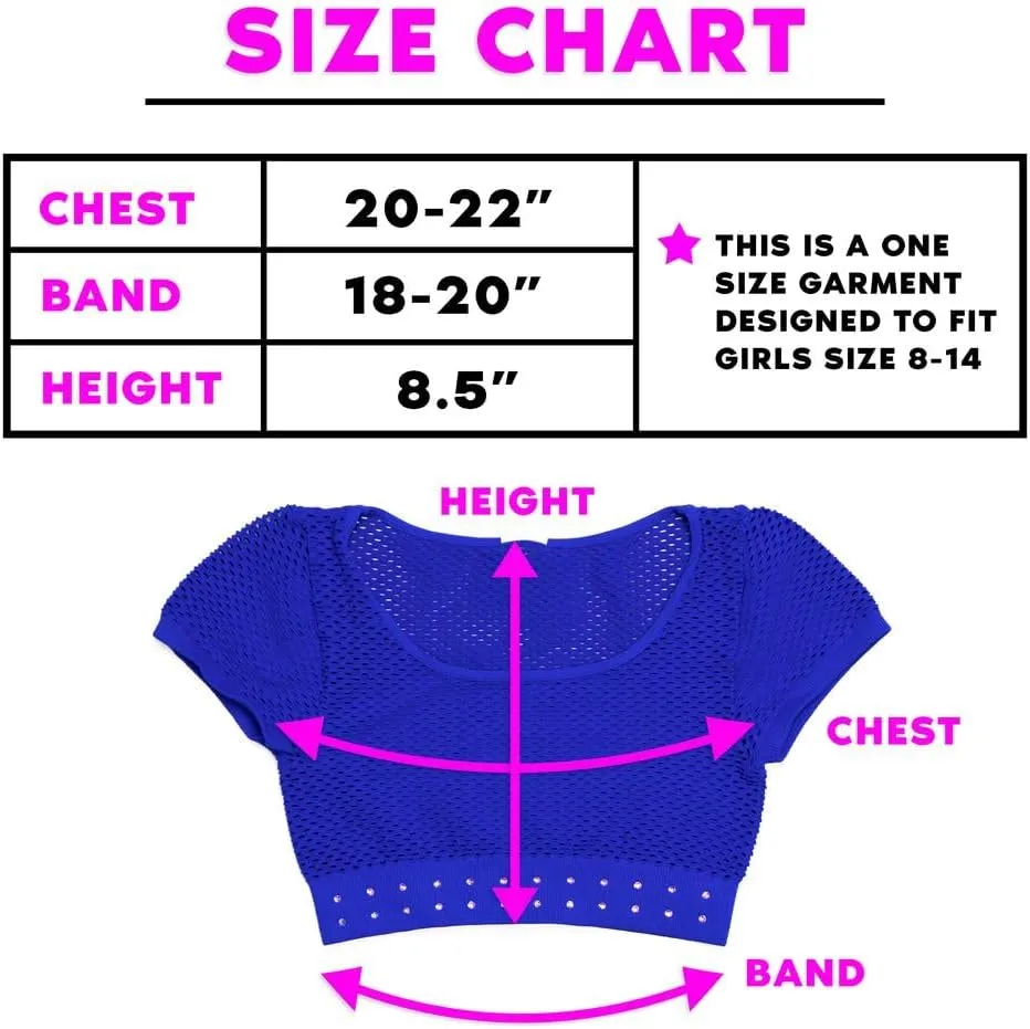 Girls Short Sleeve Mesh Crop Top with Sparkling Rhinestones - Breathable Dance Style Mesh Top for Girls Age 7-14