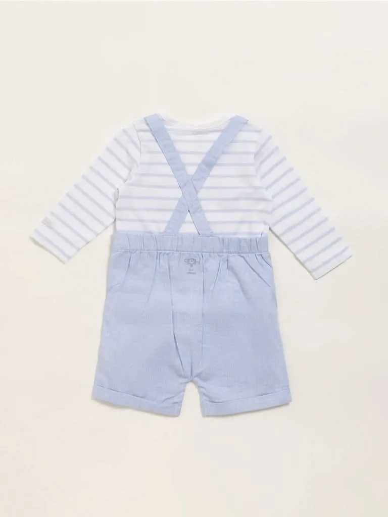 HOP Baby Blue Striped T-Shirt & Dungaree Set