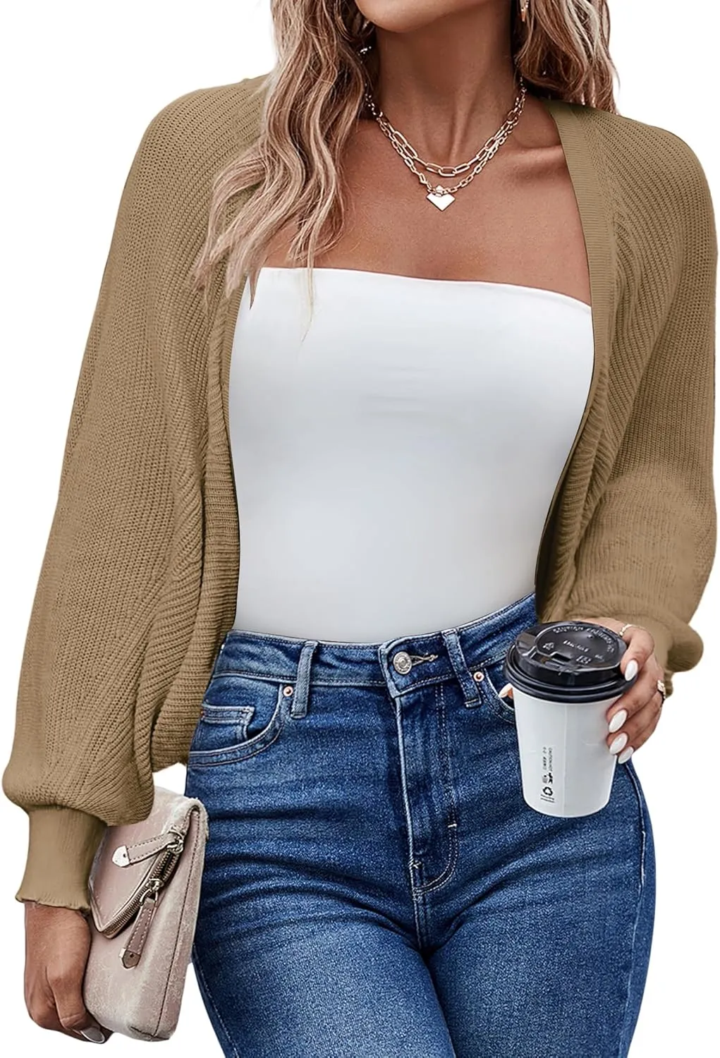 HOTOUCH Women's Cardigan Shrugs Long Batwing Sleeve Knitted Cropped Bolero Open Front Casual Elegant Cardigans for Dresses