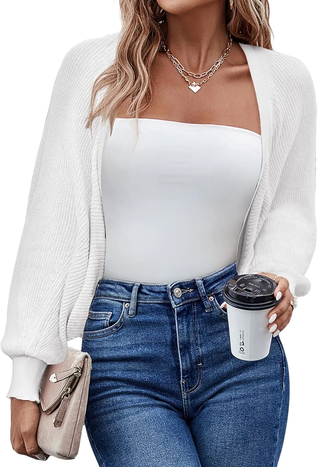 HOTOUCH Women's Cardigan Shrugs Long Batwing Sleeve Knitted Cropped Bolero Open Front Casual Elegant Cardigans for Dresses
