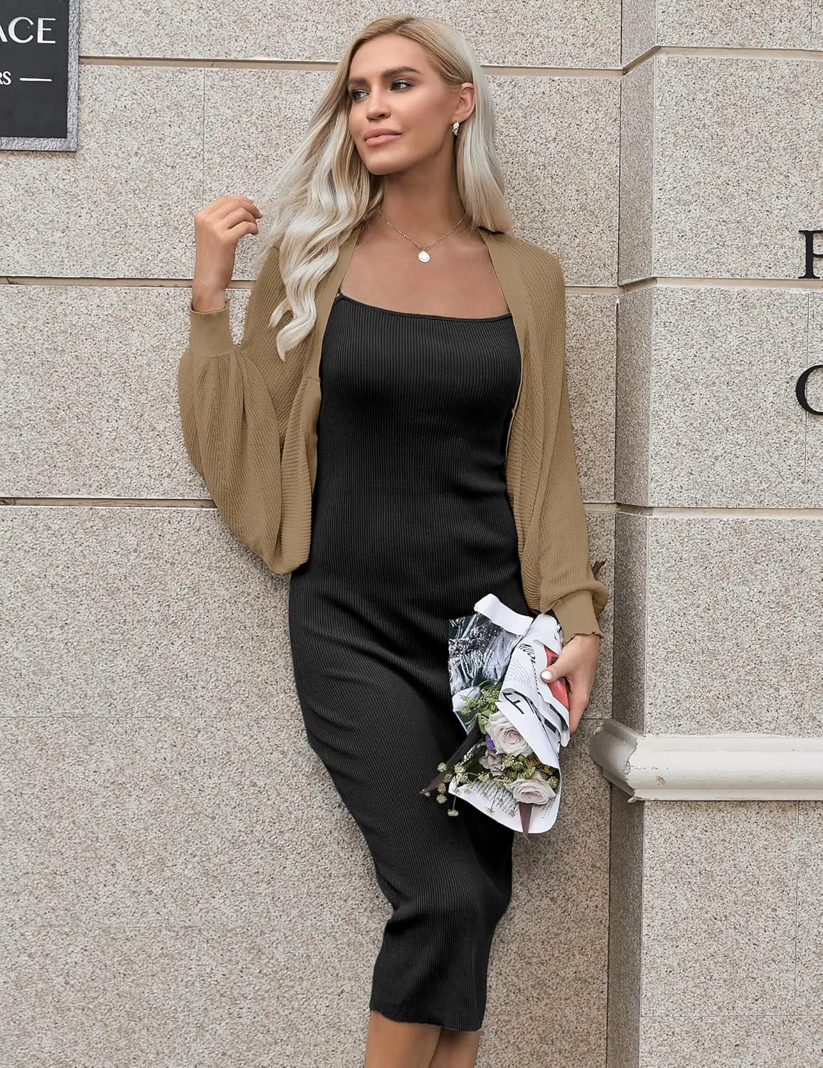 HOTOUCH Women's Cardigan Shrugs Long Batwing Sleeve Knitted Cropped Bolero Open Front Casual Elegant Cardigans for Dresses