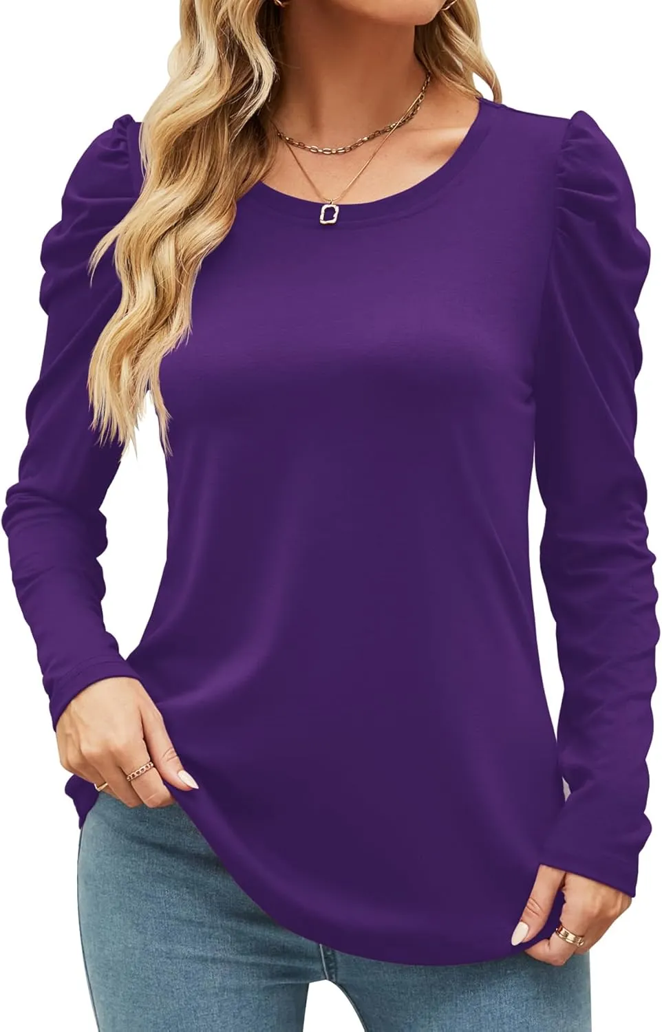 Ivicoer Women's Puff Sleeve Crew Neck Tunic Tops Casual Cute Loose Fit T Shirts Soft Work Floral Print Blouses S-XXL