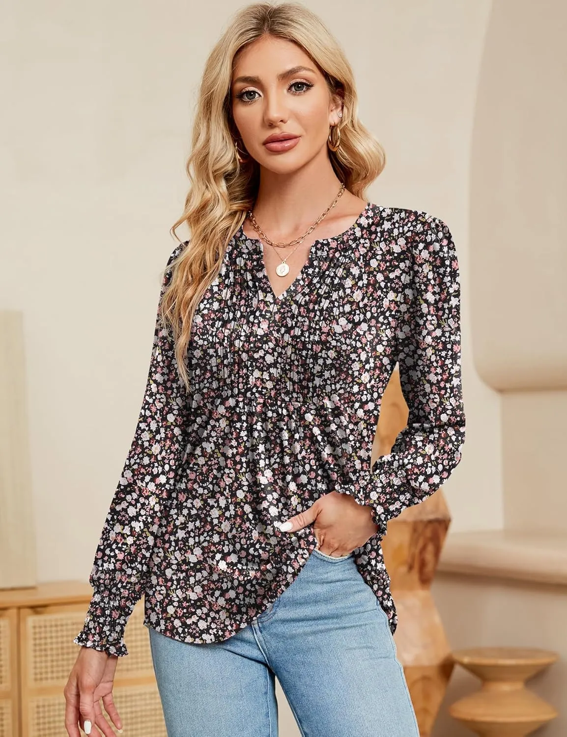 Ivicoer Women's Summer Puff Short/Long Sleeve Tops V Neck Pleated Shirts Floral Tunic Blouses Dressy Casual S-XXL