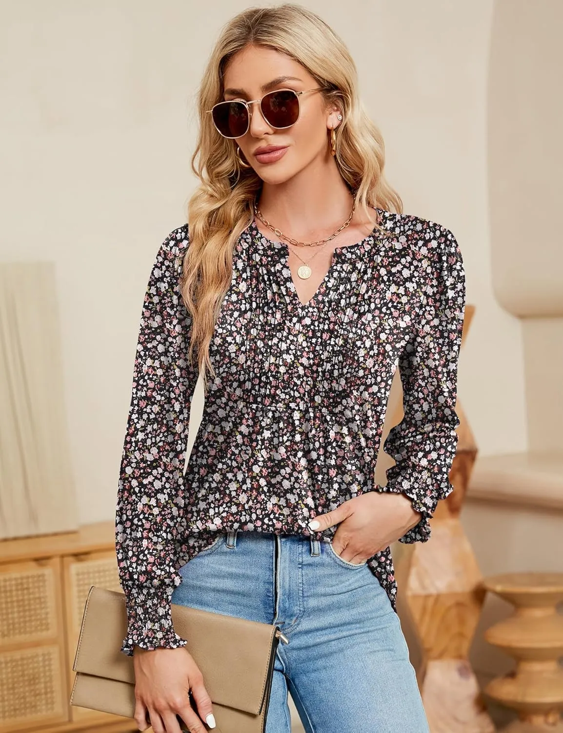 Ivicoer Women's Summer Puff Short/Long Sleeve Tops V Neck Pleated Shirts Floral Tunic Blouses Dressy Casual S-XXL