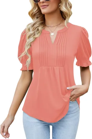 Ivicoer Women's Summer Puff Short/Long Sleeve Tops V Neck Pleated Shirts Floral Tunic Blouses Dressy Casual S-XXL