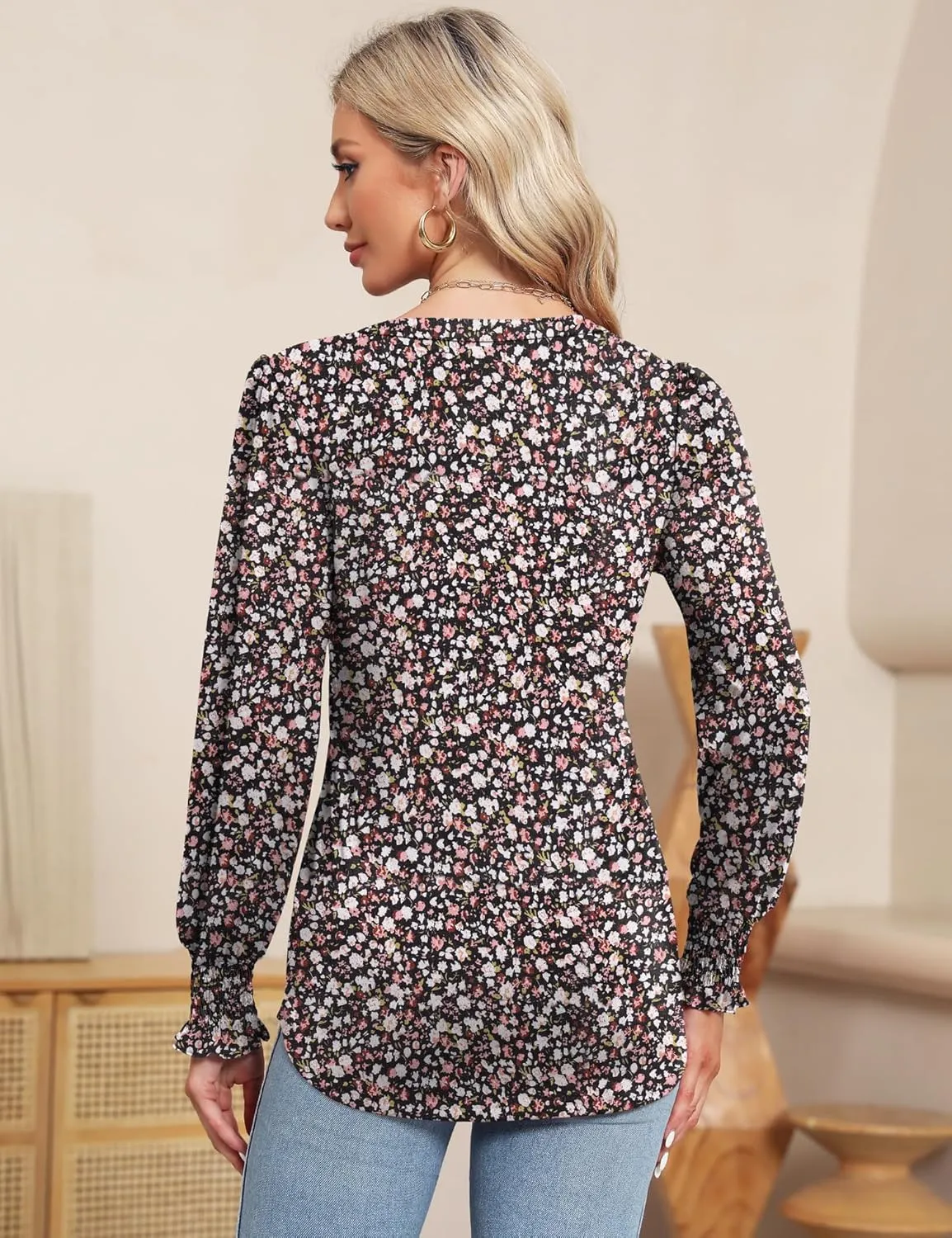 Ivicoer Women's Summer Puff Short/Long Sleeve Tops V Neck Pleated Shirts Floral Tunic Blouses Dressy Casual S-XXL