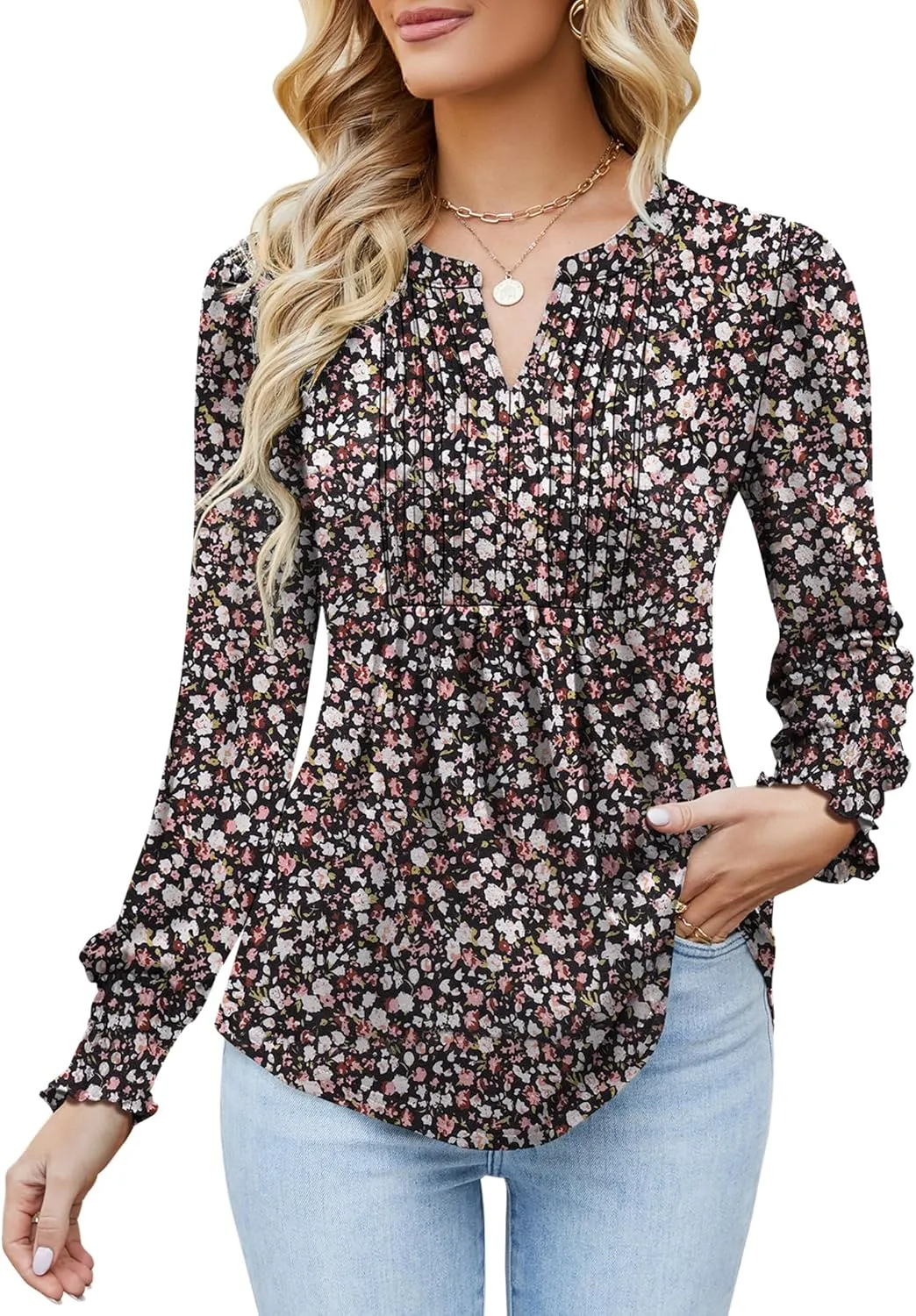 Ivicoer Women's Summer Puff Short/Long Sleeve Tops V Neck Pleated Shirts Floral Tunic Blouses Dressy Casual S-XXL