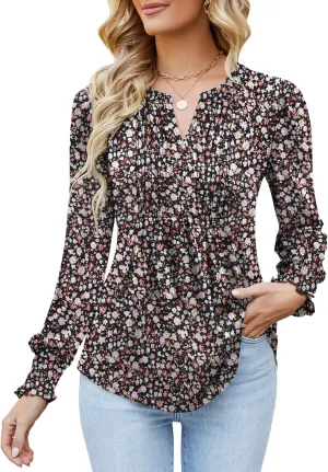 Ivicoer Women's Summer Puff Short/Long Sleeve Tops V Neck Pleated Shirts Floral Tunic Blouses Dressy Casual S-XXL