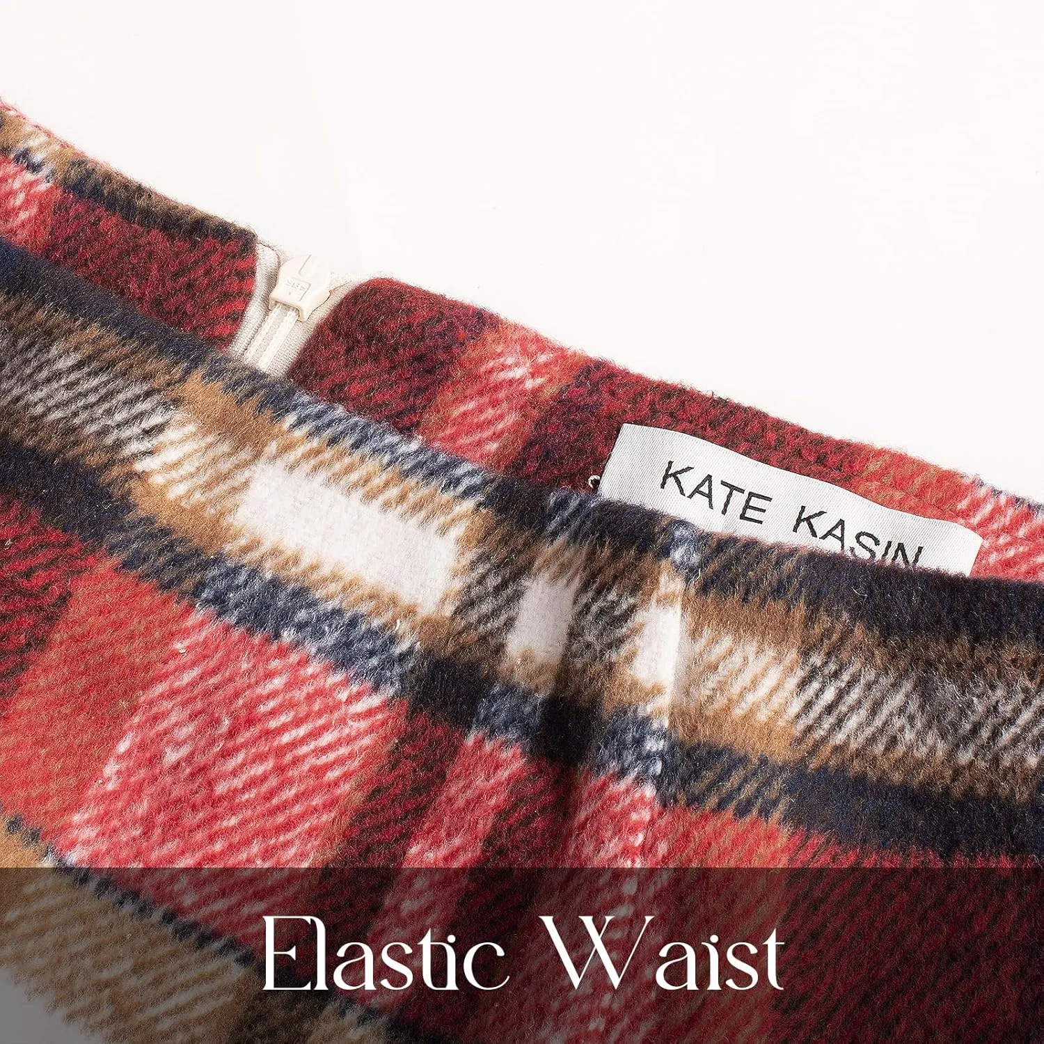 Kate Kasin Womens Wool Plaid Pencil Skirt High Waist Slit Stretchy Bodycon Fall Winter Knee Length Midi Skirt