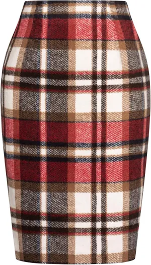 Kate Kasin Womens Wool Plaid Pencil Skirt High Waist Slit Stretchy Bodycon Fall Winter Knee Length Midi Skirt