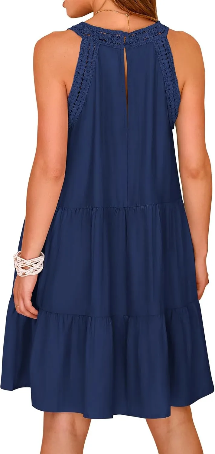 KIRUNDO Womens Summer Casual Sleeveless Halter Sundress 2025 Hollow Out Tiered Swing A Line Mini Beach Vacation Dresses