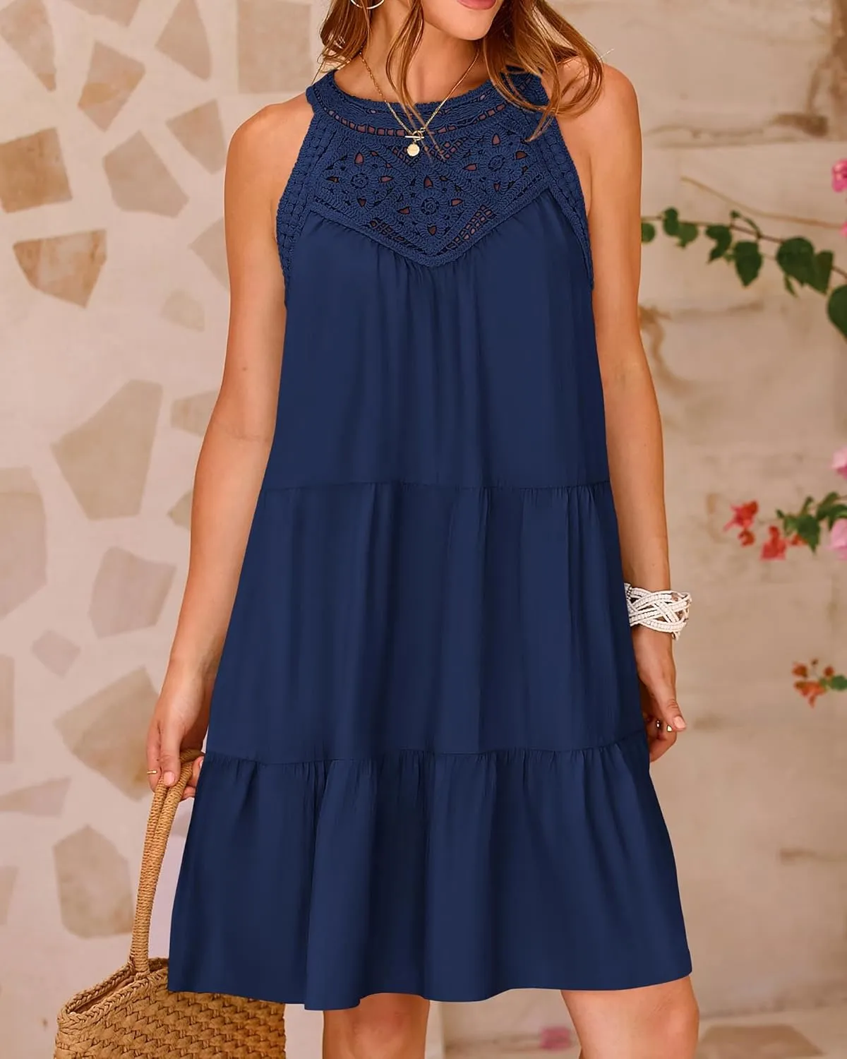 KIRUNDO Womens Summer Casual Sleeveless Halter Sundress 2025 Hollow Out Tiered Swing A Line Mini Beach Vacation Dresses