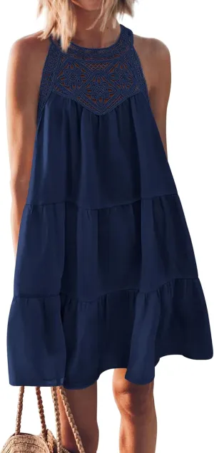 KIRUNDO Womens Summer Casual Sleeveless Halter Sundress 2025 Hollow Out Tiered Swing A Line Mini Beach Vacation Dresses