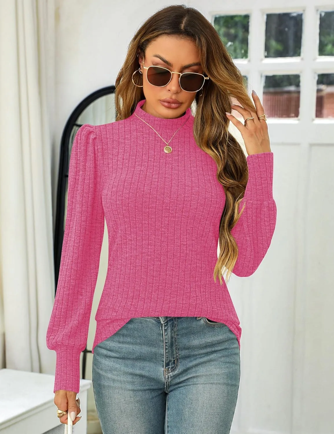 LOMON Women's Puff Long Sleeve Mock Neck Blouse Casual Lightweight Knit Shirts Dressy Work Tunic Tops