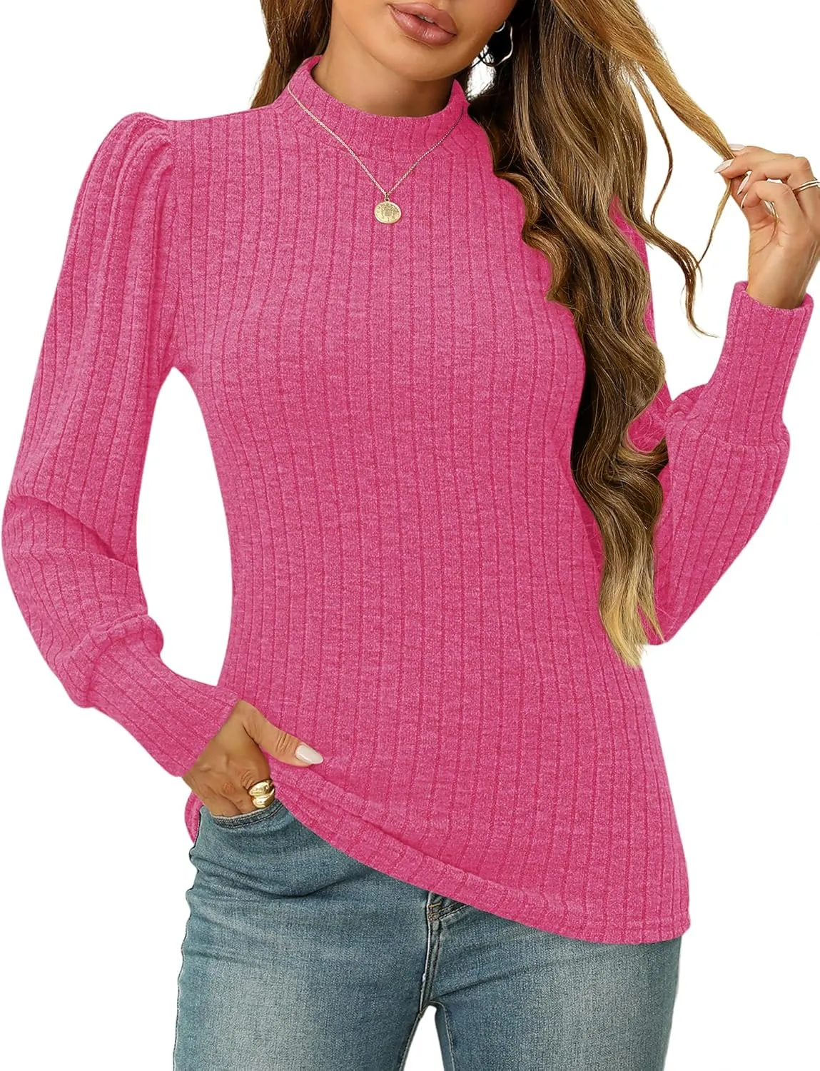 LOMON Women's Puff Long Sleeve Mock Neck Blouse Casual Lightweight Knit Shirts Dressy Work Tunic Tops