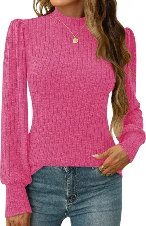 LOMON Women's Puff Long Sleeve Mock Neck Blouse Casual Lightweight Knit Shirts Dressy Work Tunic Tops