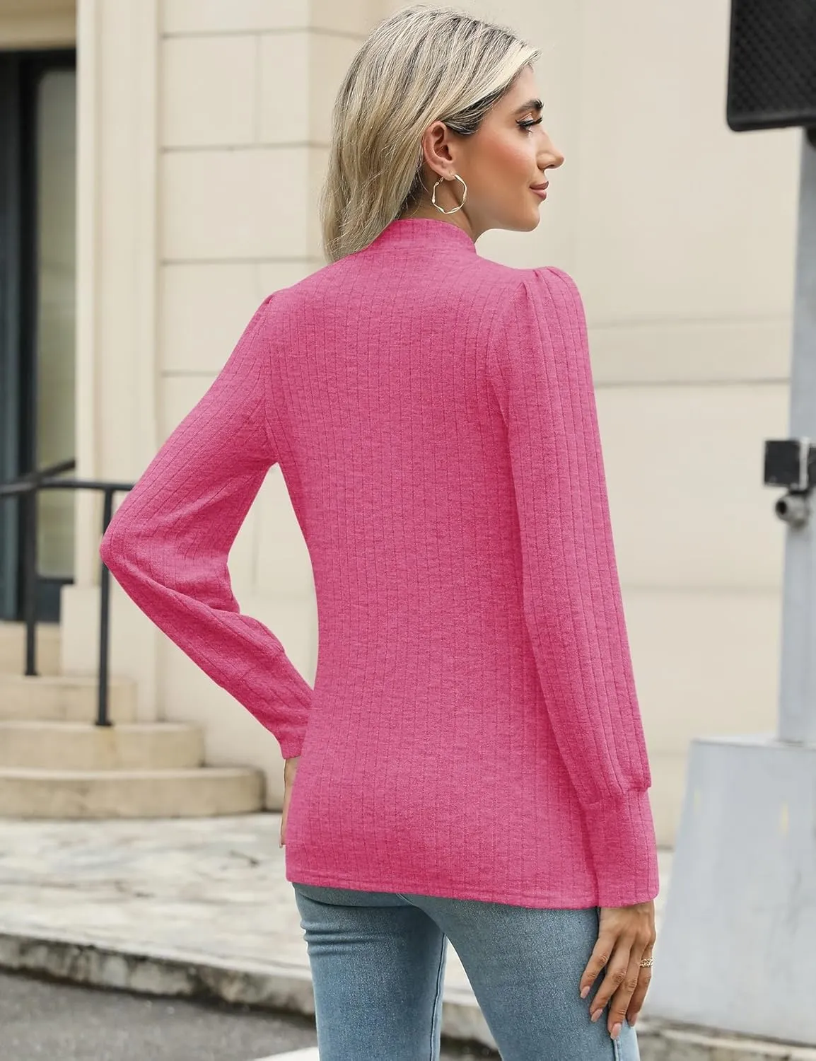LOMON Women's Puff Long Sleeve Mock Neck Blouse Casual Lightweight Knit Shirts Dressy Work Tunic Tops