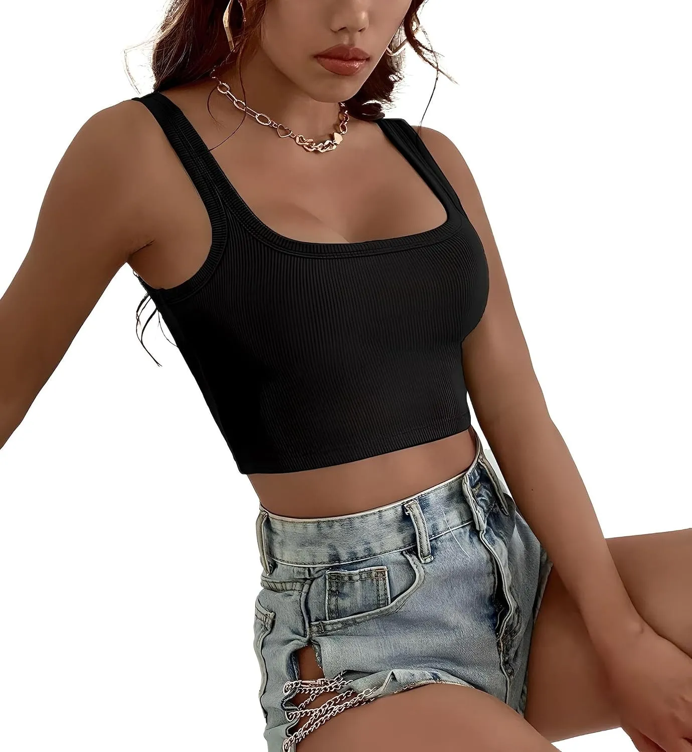 Made in USA Womens Crop Tank Top Scoop Neck Fitted Sexy Gym Workout Summer Y2K Sleeveless Top Shirt