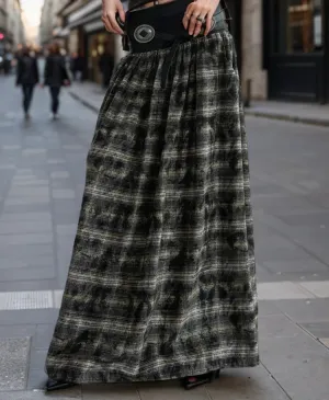 Metaversmall Colorblock Plaid Vintage Skirt For Women High Waist Spliced Belt Loose Casual Temperament A Line Skirts Female New