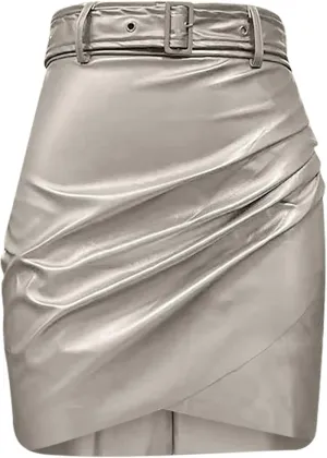 Midi Pencil Skirts for Women's Knee Length Faux Leather Skirts with Belt High Waisted Front Slit Pencil Skirt