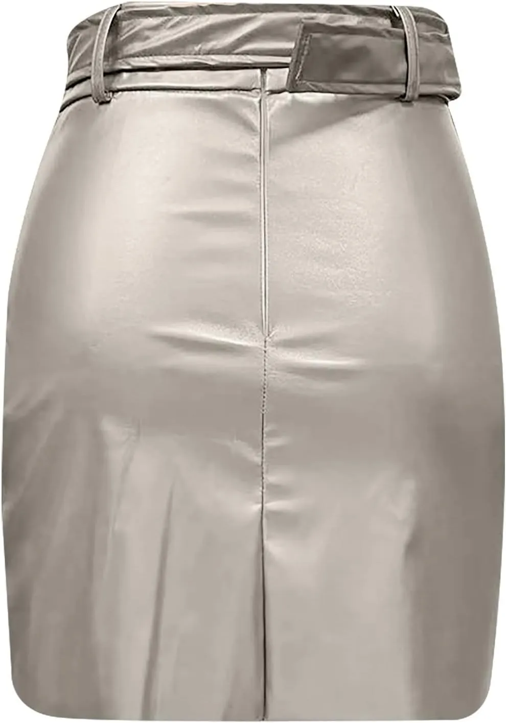 Midi Pencil Skirts for Women's Knee Length Faux Leather Skirts with Belt High Waisted Front Slit Pencil Skirt
