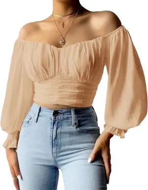 MIRACMODA Woman Off Shoulder Ruched Tie Back Lantern Sleeve Crop Tube Top Chiffon Blouse
