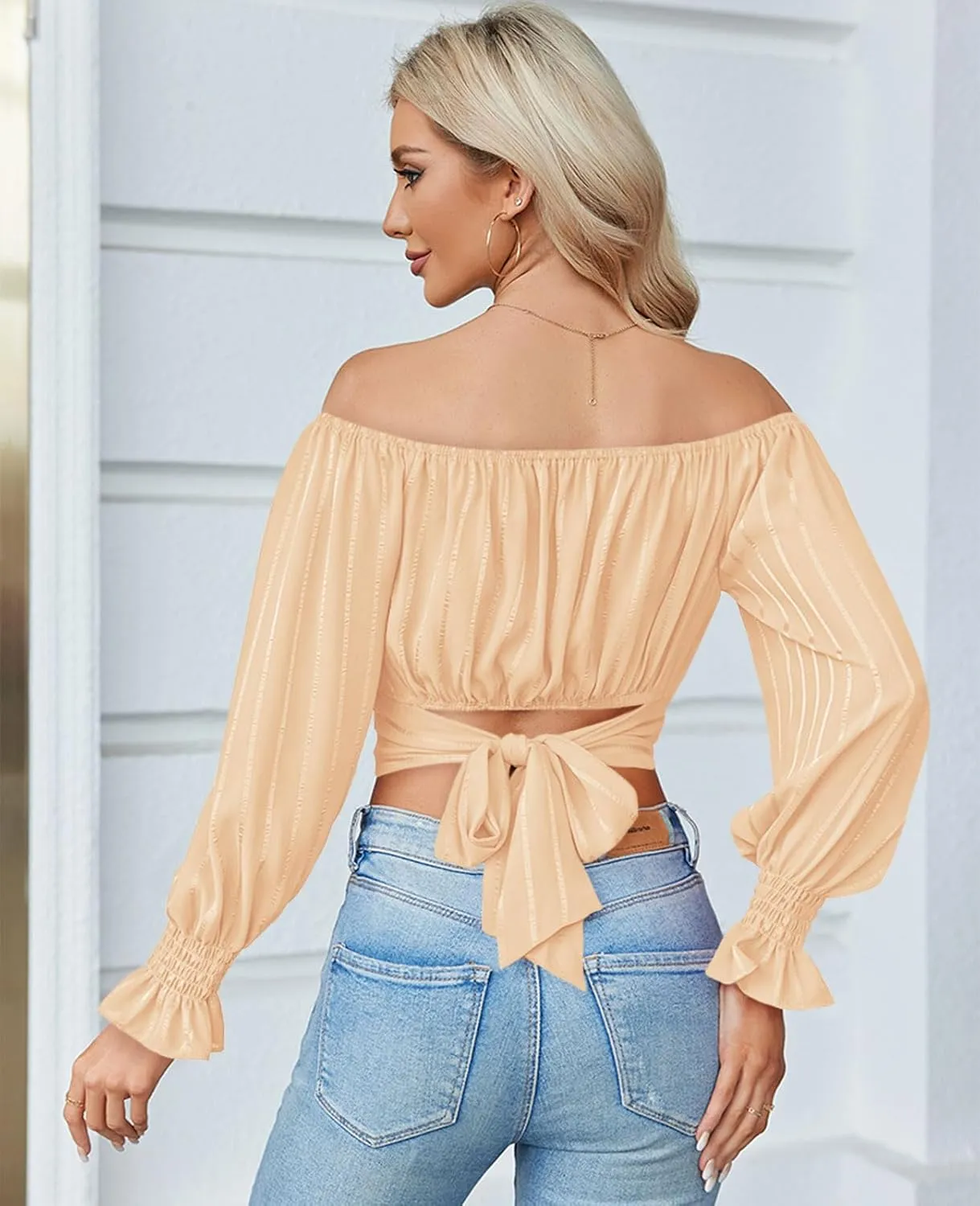 MIRACMODA Woman Off Shoulder Ruched Tie Back Lantern Sleeve Crop Tube Top Chiffon Blouse