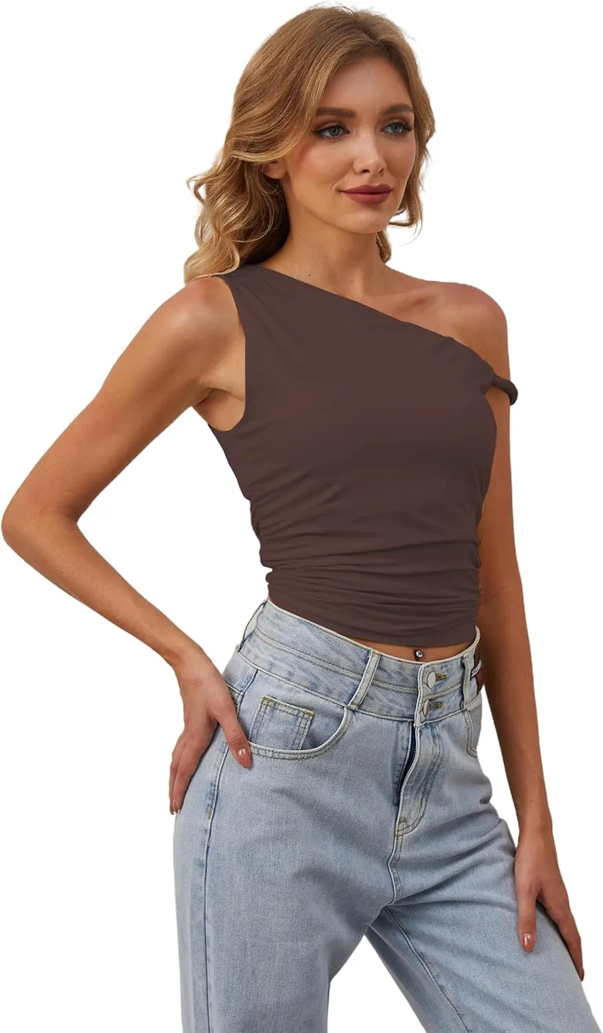 MISSACTIVER Womens Off Shoulder Ruched Crop Tank Tops One Shoulder Twist Strap Crop Tops Summer Going Out Top Crop Shirts