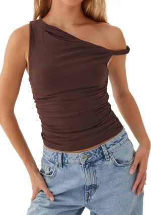 MISSACTIVER Womens Off Shoulder Ruched Crop Tank Tops One Shoulder Twist Strap Crop Tops Summer Going Out Top Crop Shirts