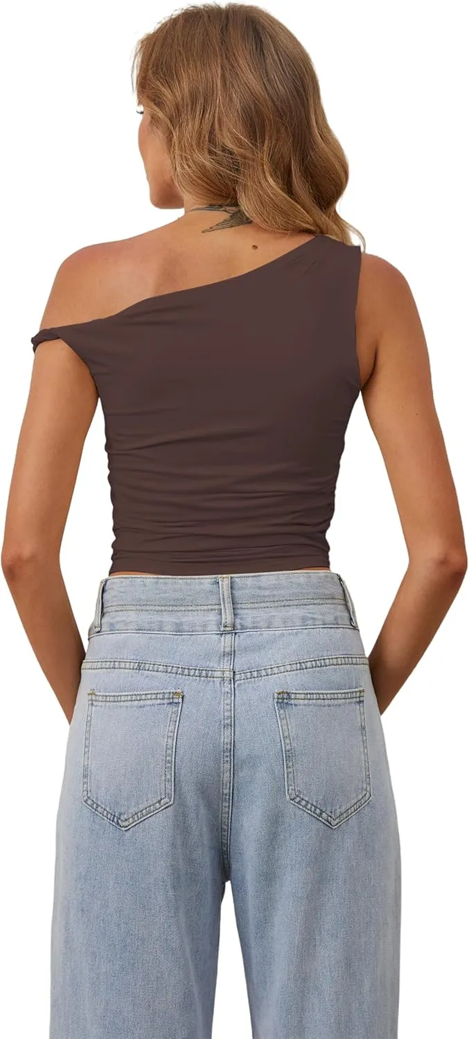 MISSACTIVER Womens Off Shoulder Ruched Crop Tank Tops One Shoulder Twist Strap Crop Tops Summer Going Out Top Crop Shirts