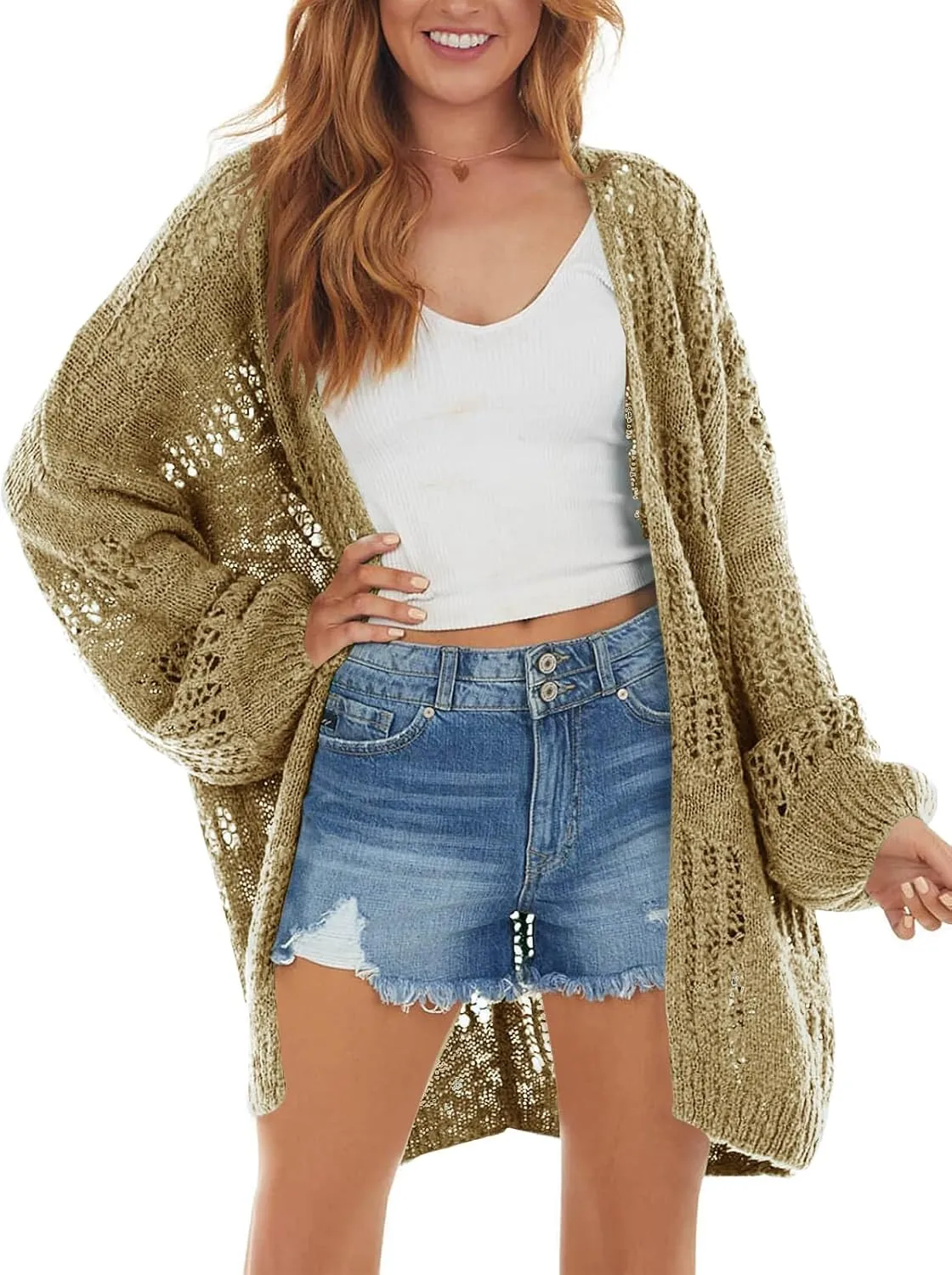 Newffr Womens Lightweight Crochet Oversized Cardigan Sweaters Kimono Boho Long Sleeve Open Front Knitted Cover Ups