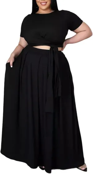 Ophestin Womens Plus Size 2 Piece Dress Outfits Solid Color Crop Top Maxi Skirts Set
