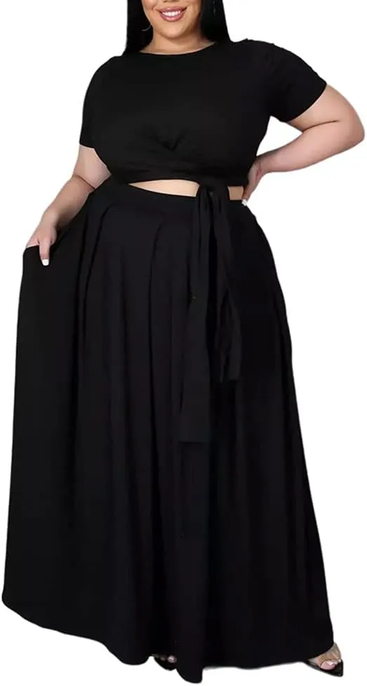 Ophestin Womens Plus Size 2 Piece Dress Outfits Solid Color Crop Top Maxi Skirts Set
