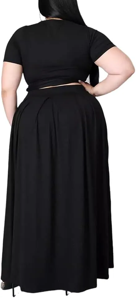 Ophestin Womens Plus Size 2 Piece Dress Outfits Solid Color Crop Top Maxi Skirts Set