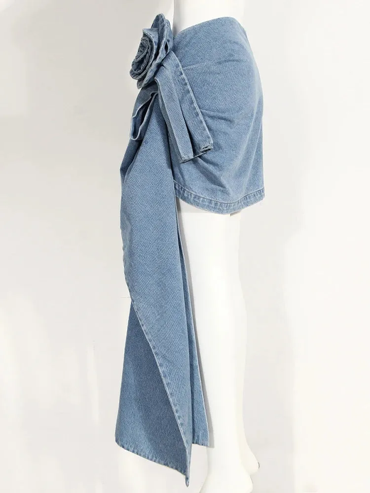 Patchwork Floral Denim Skirts For Women High Waist Irregular Mini Folds Bodycon Skirt Female Summer Clothing Style
