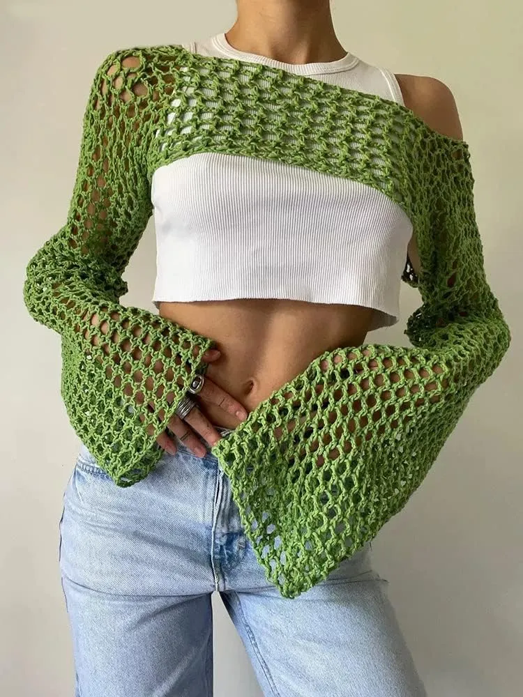 PICPUNMAK Women Grunge Crochet Knit See Through Crop Tops Cover Up Shrug Long Sleeve Crew Neck Casual Cropped Smock Top