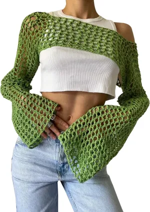 PICPUNMAK Women Grunge Crochet Knit See Through Crop Tops Cover Up Shrug Long Sleeve Crew Neck Casual Cropped Smock Top
