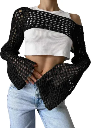 PICPUNMAK Women Grunge Crochet Knit See Through Crop Tops Cover Up Shrug Long Sleeve Crew Neck Casual Cropped Smock Top