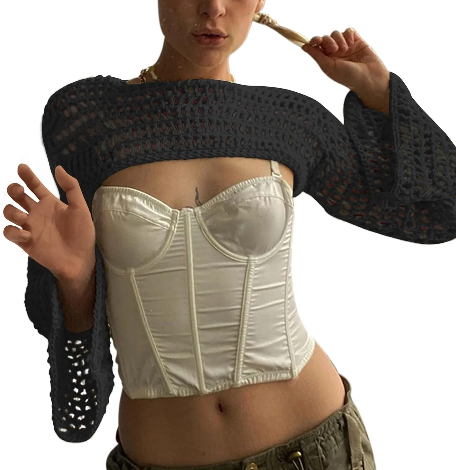 PICPUNMAK Women Grunge Crochet Knit See Through Crop Tops Cover Up Shrug Long Sleeve Crew Neck Casual Cropped Smock Top