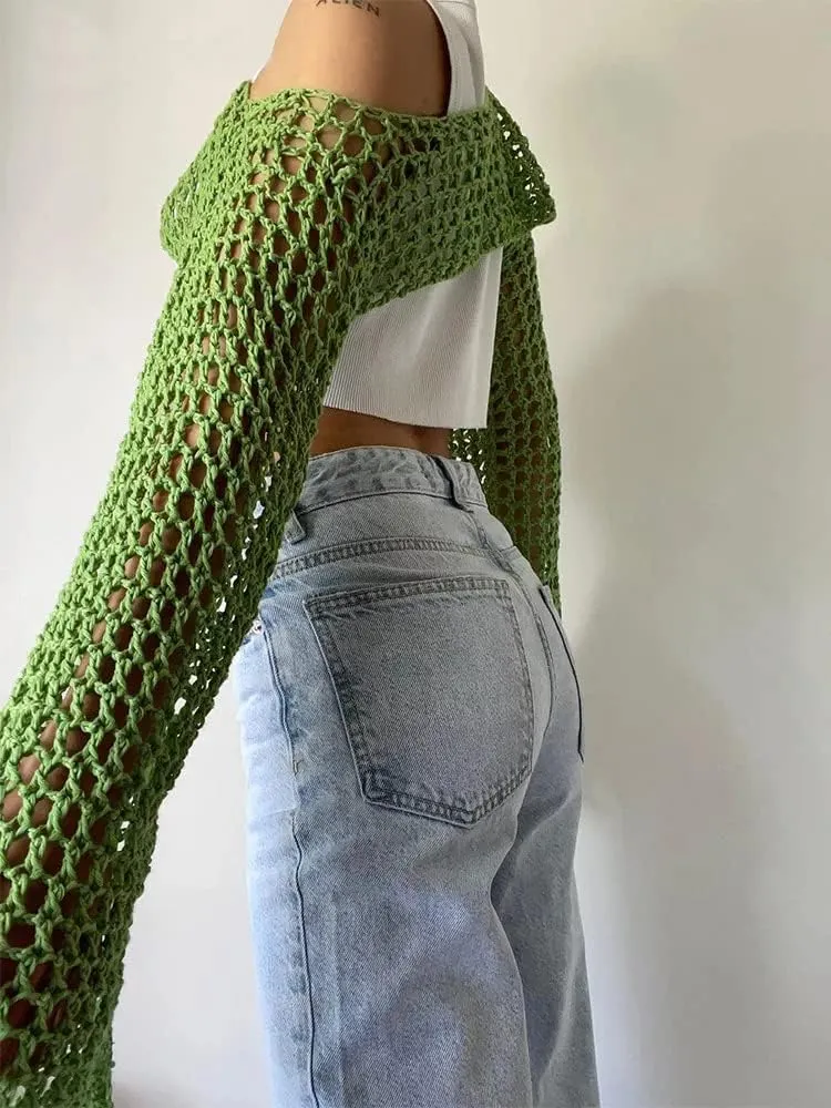 PICPUNMAK Women Grunge Crochet Knit See Through Crop Tops Cover Up Shrug Long Sleeve Crew Neck Casual Cropped Smock Top