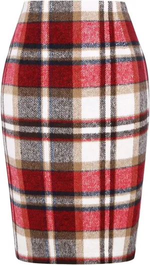 Plaid Midi Skirts for Women 2024 Fall Winter Pencil Bodycon with Slit High Waist Cute Skirt