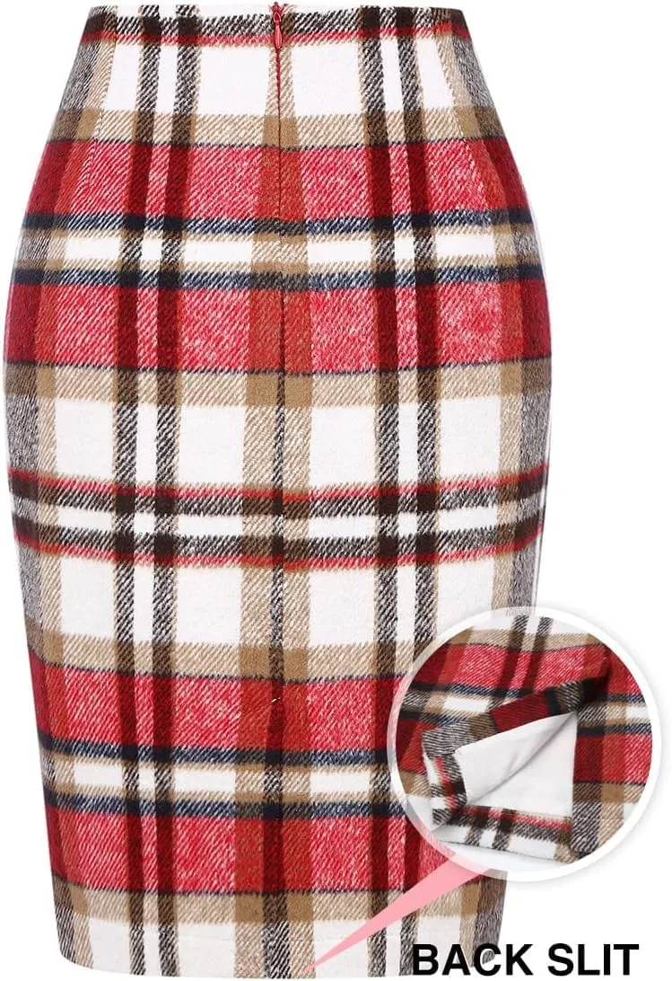 Plaid Midi Skirts for Women 2024 Fall Winter Pencil Bodycon with Slit High Waist Cute Skirt