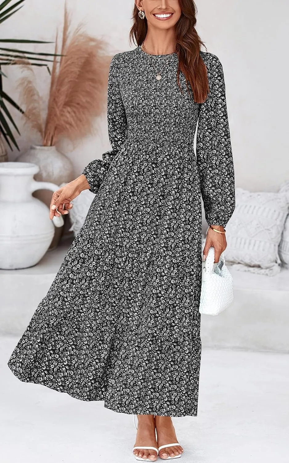 PRETTYGARDEN Women's Spring Dresses 2025 Long Sleeve Flowy Casual Floral Maxi Dress Crew Neck Smocked Tiered Long Dress