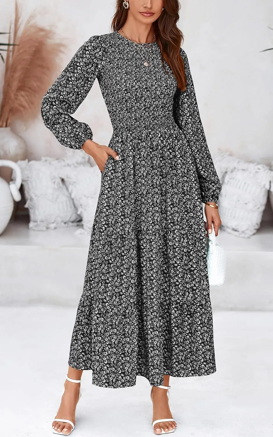PRETTYGARDEN Women's Spring Dresses 2025 Long Sleeve Flowy Casual Floral Maxi Dress Crew Neck Smocked Tiered Long Dress