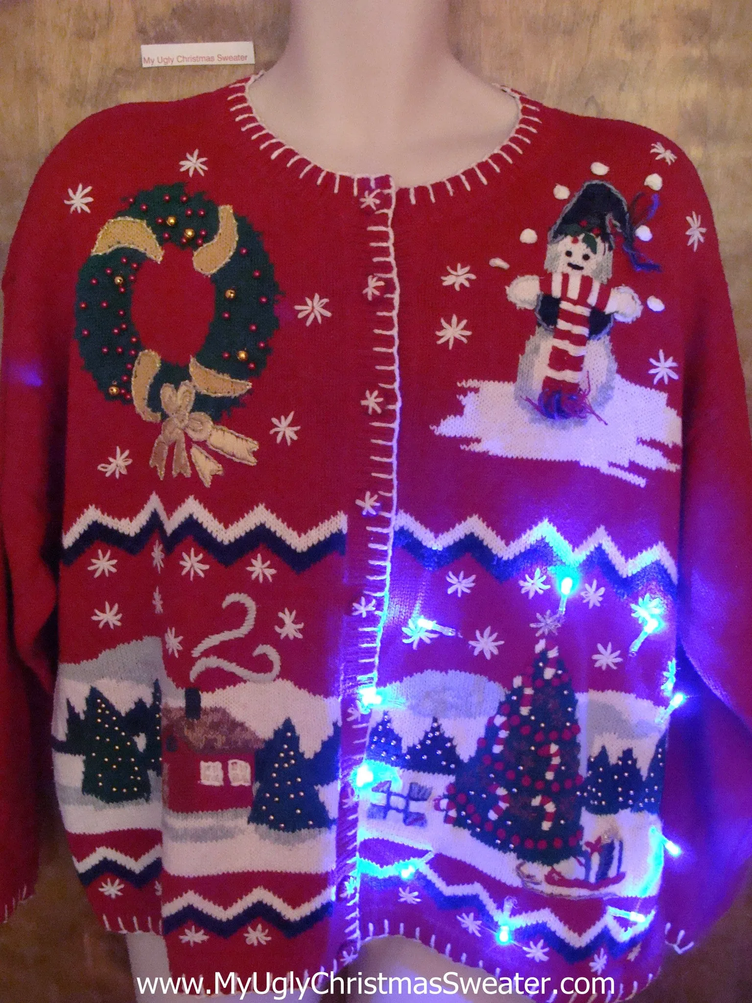Red Sleepy Snowy Night Tacky Xmas Sweater with Lights