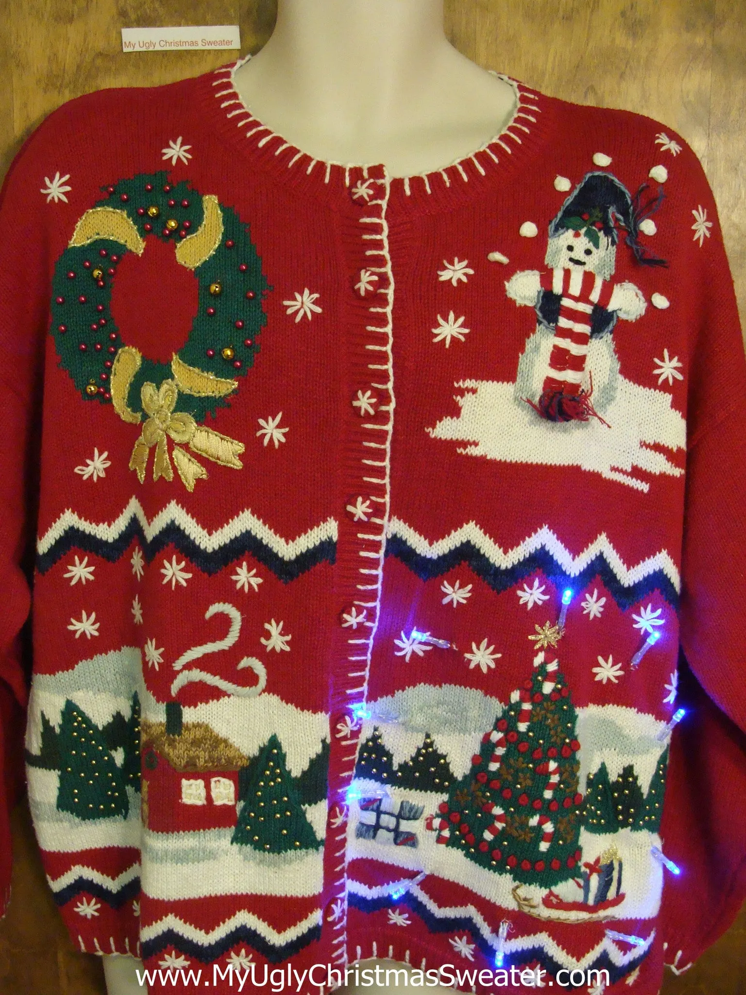 Red Sleepy Snowy Night Tacky Xmas Sweater with Lights